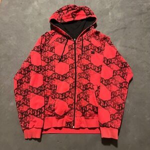 Vintage Y2K DC Shoes Reversible Zip Up Hoodie Mens Red Black AOP Waffle Knit